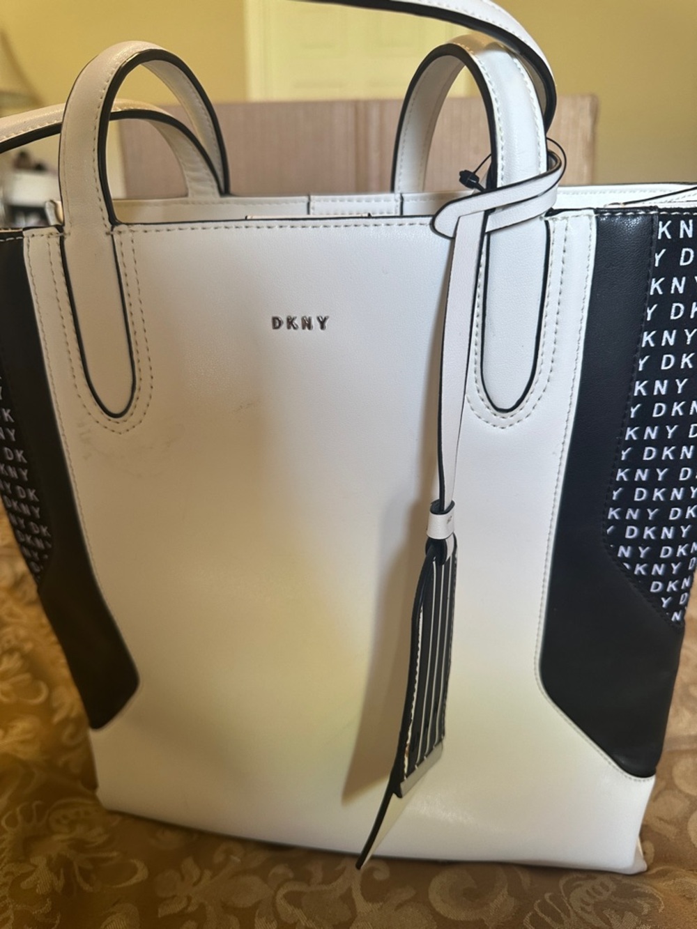 DKNY White and Black Logo Panel Tote with Tassel